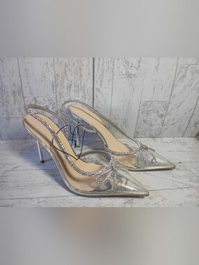 Charlotte Russe Silver Clear Pointed Slingback Heels with Rhinestone Bow